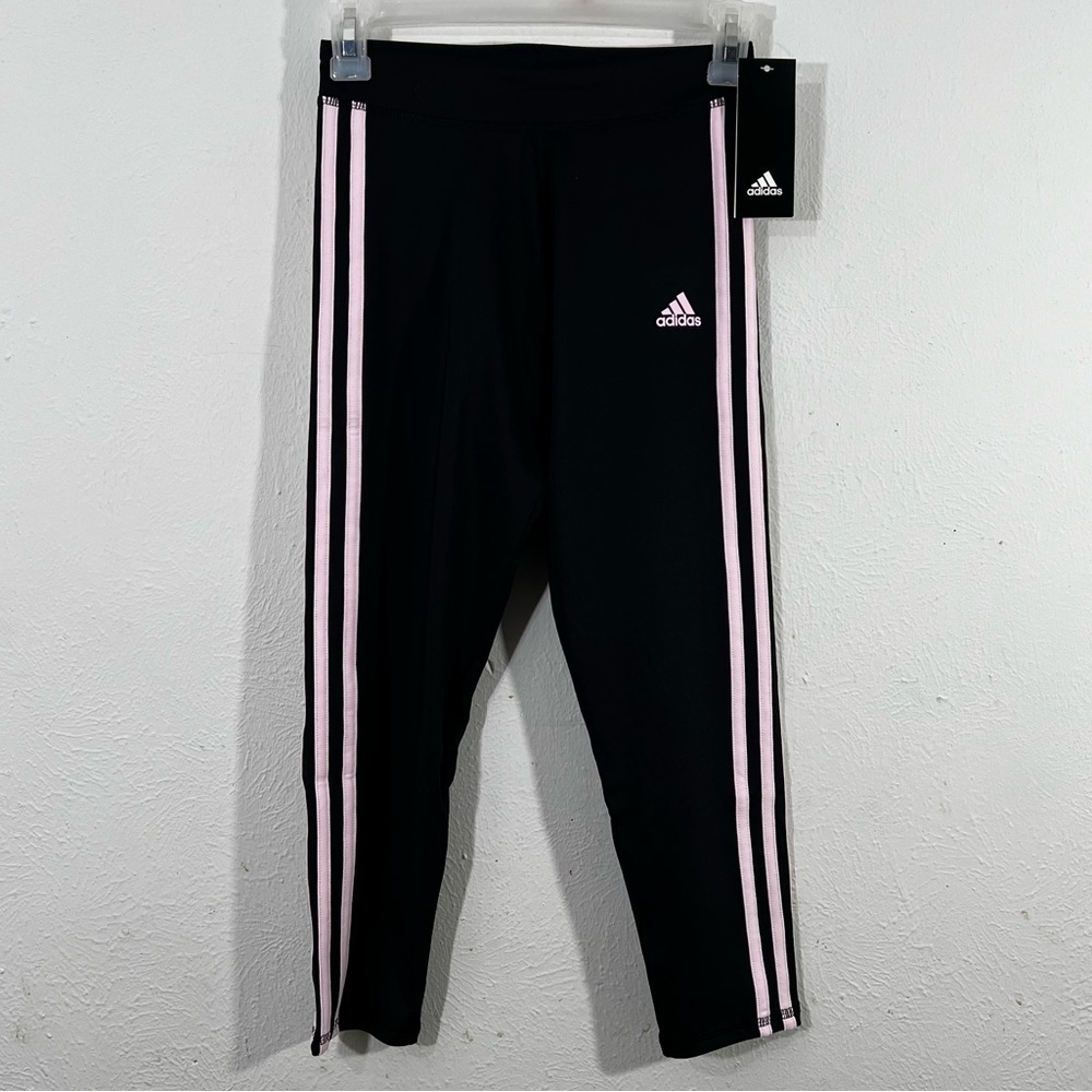 NWT $35 Adidas Girls Size 14 Black w/ Pink 3 Stripe Athletic Tights